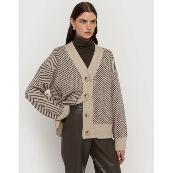 OAK + FORT Herringbone Cardigan Oversized Chunky Knit Sweater Chocolate Brown - Picture 1 of 13